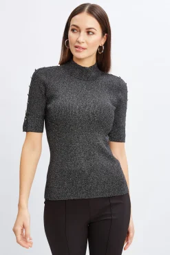 Elie Tahari Metallic Mock Neck Short Sleeve Sweater- Tops & Sweaters