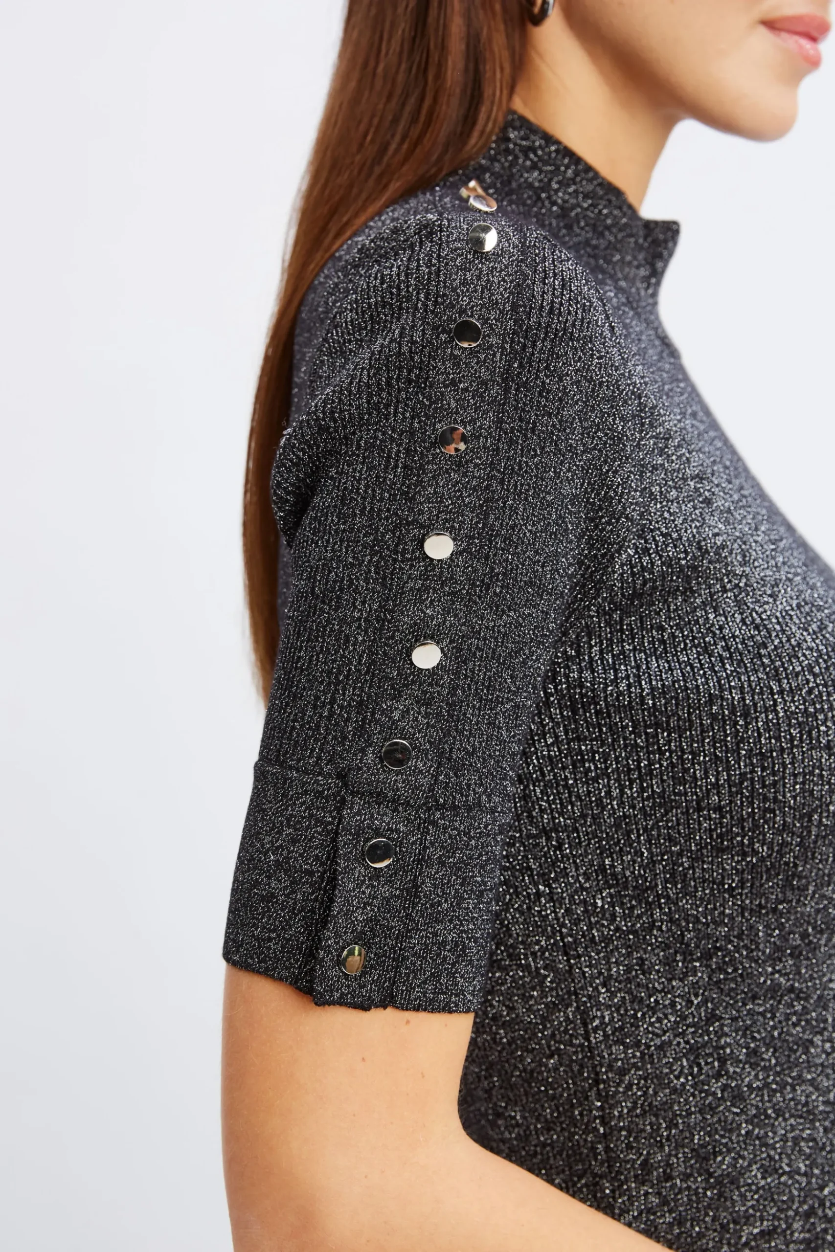 Elie Tahari Metallic Mock Neck Short Sleeve Sweater- Tops & Sweaters