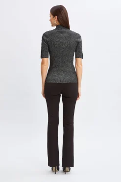 Elie Tahari Metallic Mock Neck Short Sleeve Sweater- Tops & Sweaters