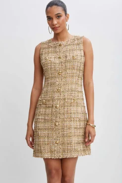 Elie Tahari Metallic Tweed Button Dress- Short Dresses|Dresses & Jumpsuits