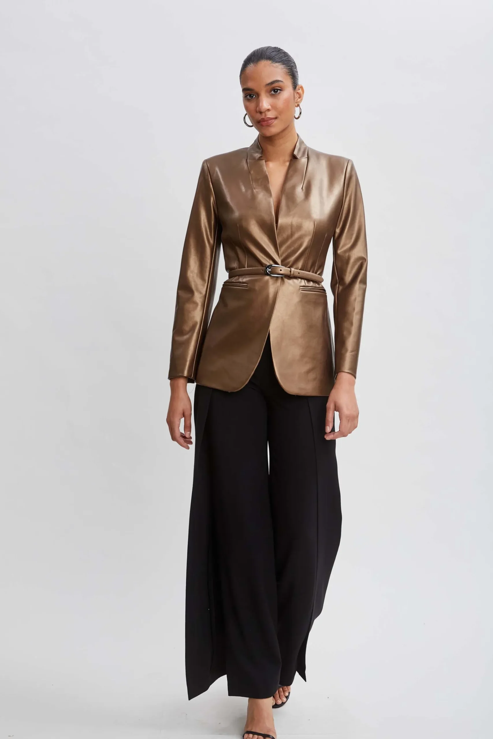 Elie Tahari Metallic Vegan Leather Belted Blazer- Jackets & Blazers