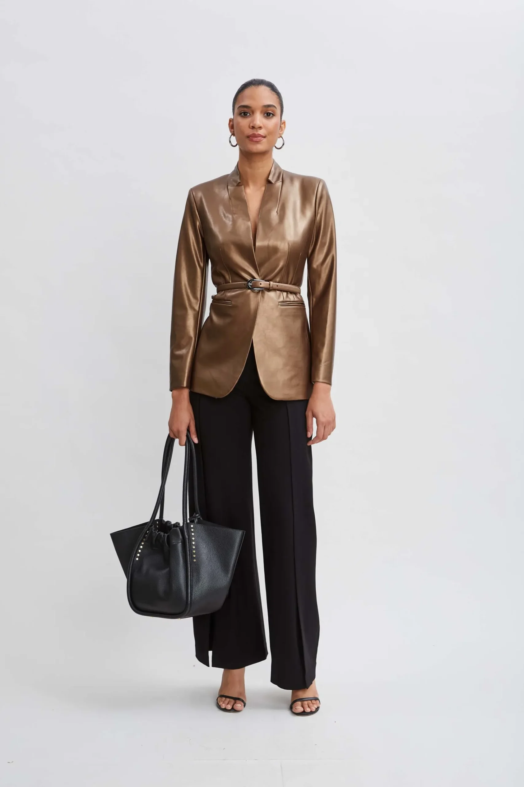 Elie Tahari Metallic Vegan Leather Belted Blazer- Jackets & Blazers
