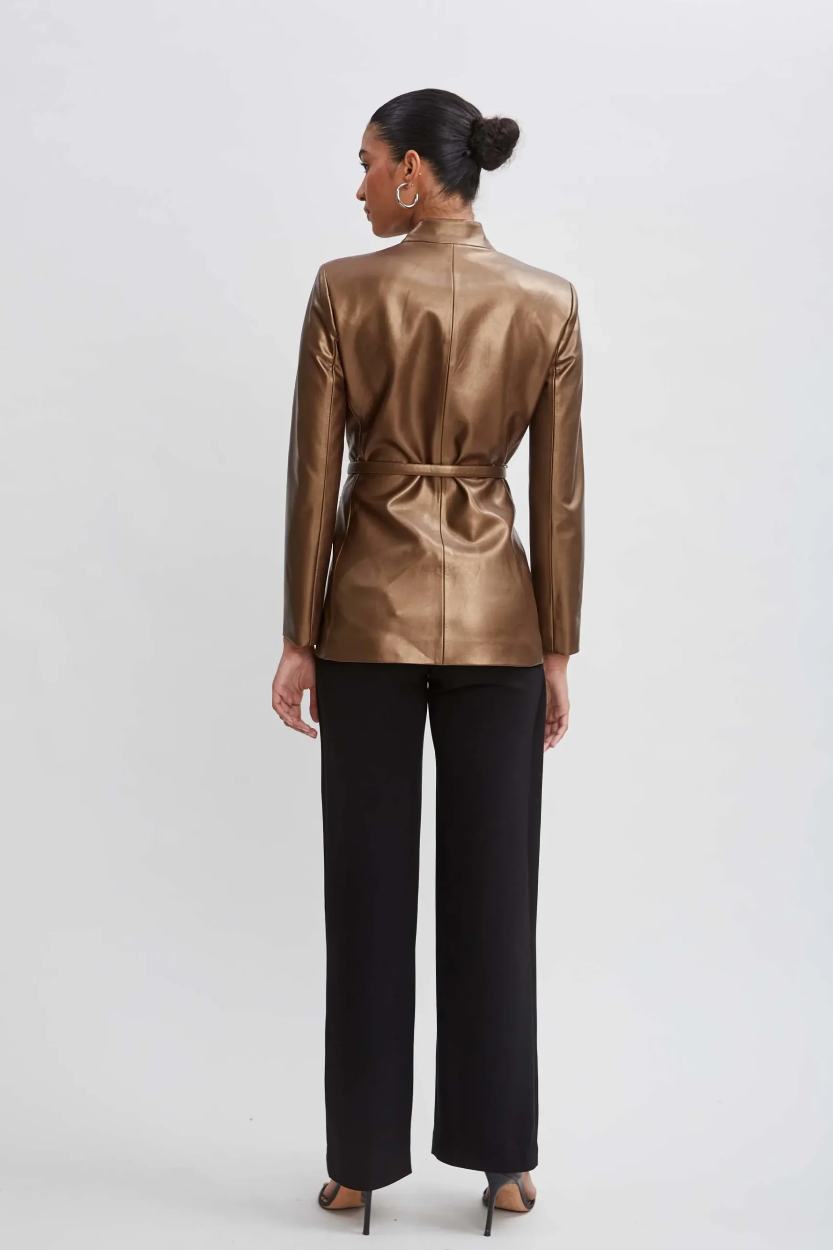 Elie Tahari Metallic Vegan Leather Belted Blazer- Jackets & Blazers