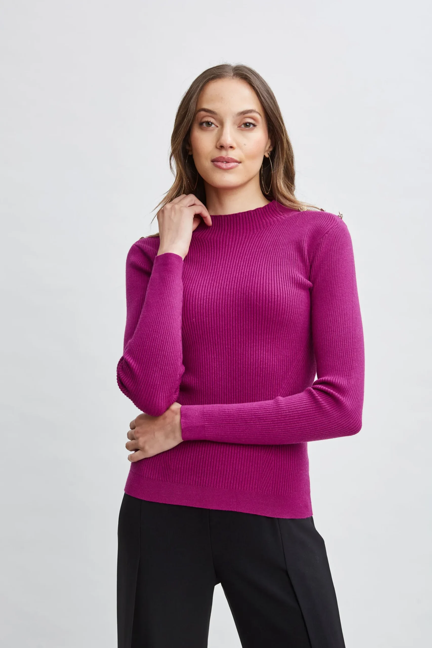 Elie Tahari Mock Neck Button Sweater- Tops & Sweaters
