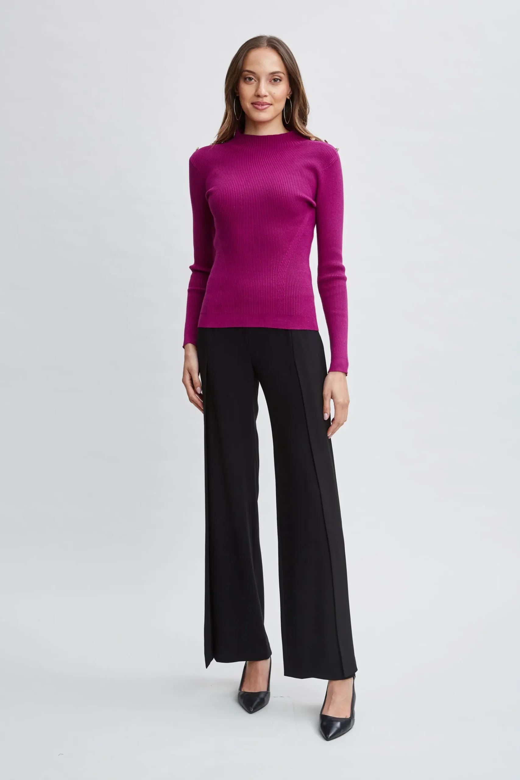 Elie Tahari Mock Neck Button Sweater- Tops & Sweaters