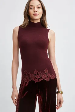 Elie Tahari Mock Neck Lace Hem Sleeveless Sweater- Tops & Sweaters