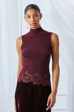 Elie Tahari Mock Neck Lace Hem Sleeveless Sweater- Tops & Sweaters