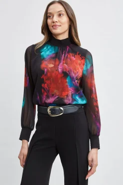 Elie Tahari Mock Neck Studio Floral Shirt- Tops & Sweaters