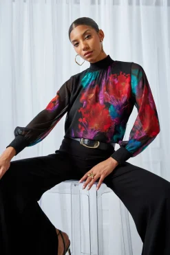 Elie Tahari Mock Neck Studio Floral Shirt- Tops & Sweaters