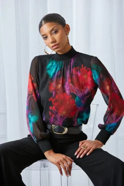 Elie Tahari Mock Neck Studio Floral Shirt- Tops & Sweaters