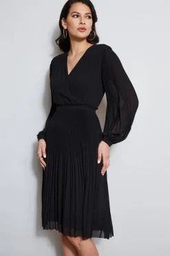 Elie Tahari Mock Wrap Pleated Dress- Dresses & Jumpsuits|Long Sleeve Dresses