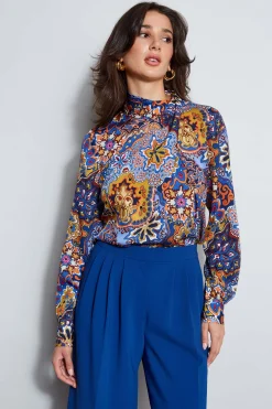 Elie Tahari Night Garden Silk Draped Shirt- Tops & Sweaters