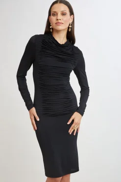 Elie Tahari Pleat Detail Matte Jersey Dress- Dresses & Jumpsuits|Long Sleeve Dresses
