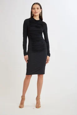 Elie Tahari Pleat Detail Matte Jersey Dress- Dresses & Jumpsuits|Long Sleeve Dresses
