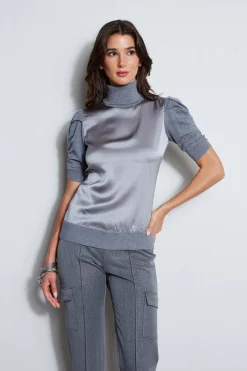 Elie Tahari Puff Sleeve Satin Front Sweater- Tops & Sweaters