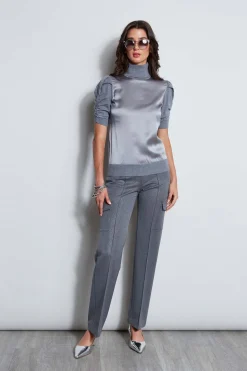 Elie Tahari Puff Sleeve Satin Front Sweater- Tops & Sweaters