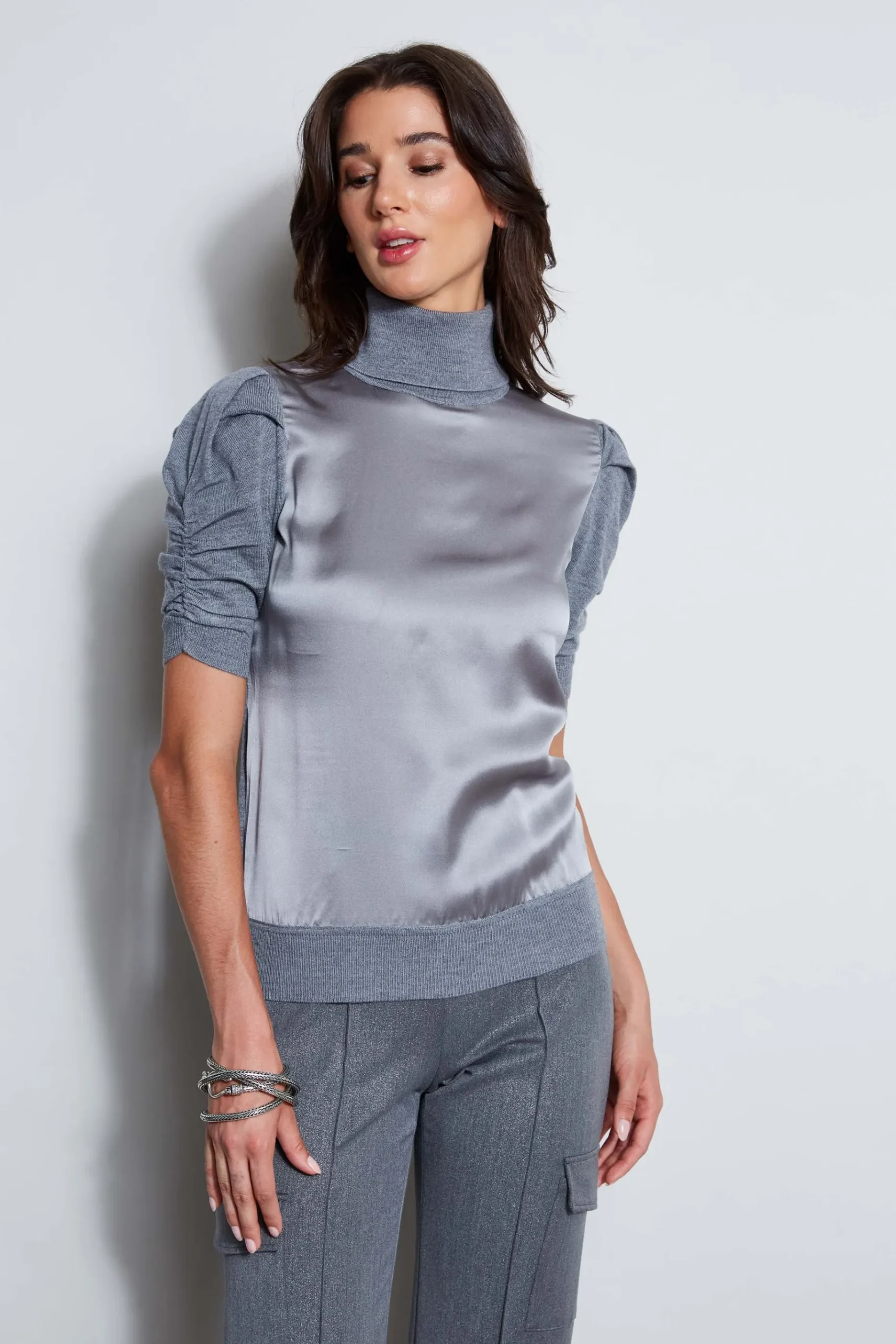 Elie Tahari Puff Sleeve Satin Front Sweater- Tops & Sweaters