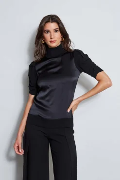 Elie Tahari Puff Sleeve Satin Front Sweater- Tops & Sweaters