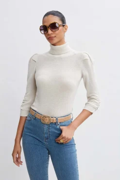 Elie Tahari Ruched Sleeve Cashmere Wool Sweater- Tops & Sweaters