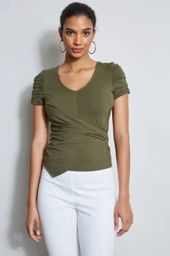 Elie Tahari Ruched Sleeve V-Neck Knit- Tops & Sweaters