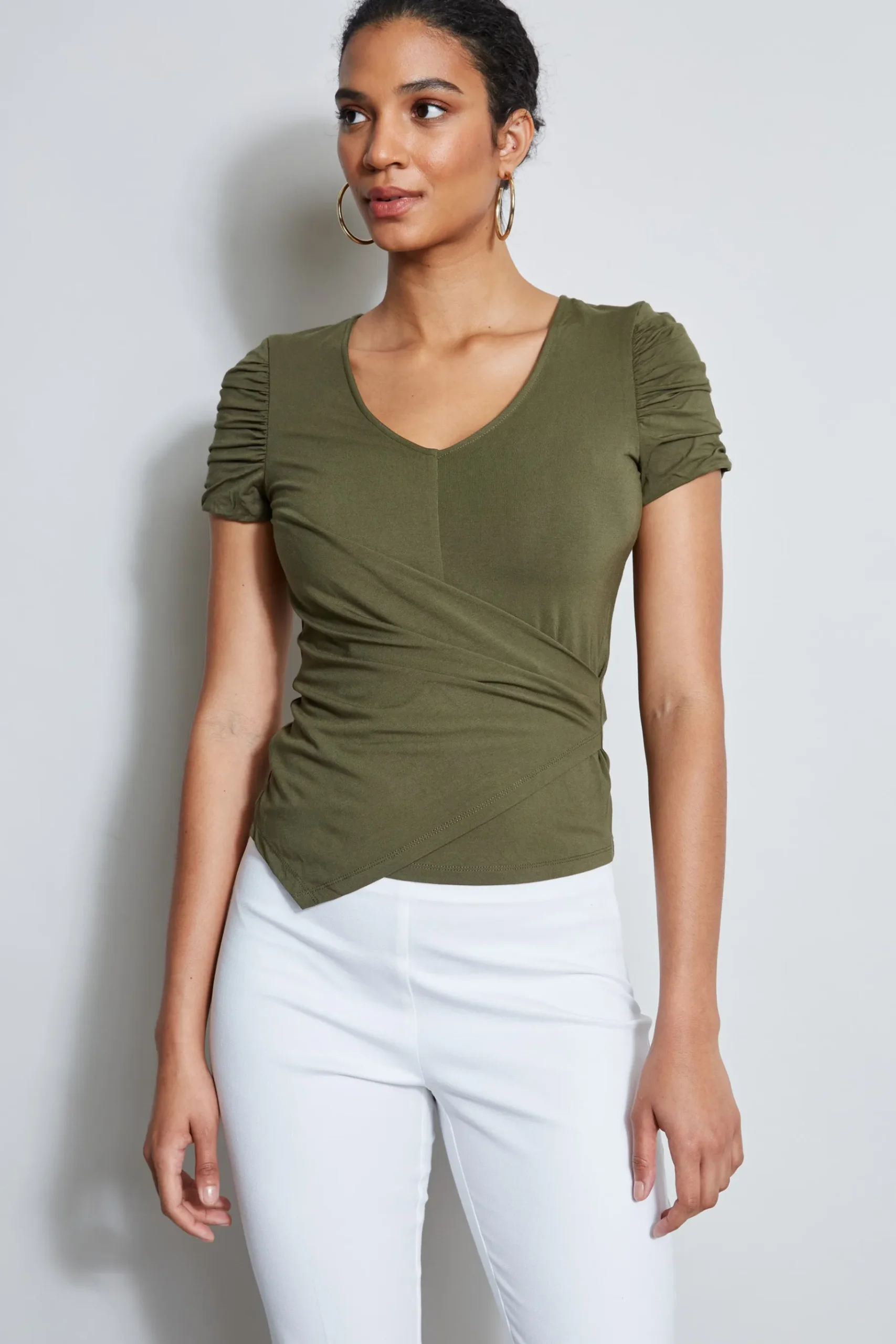 Elie Tahari Ruched Sleeve V-Neck Knit- Tops & Sweaters