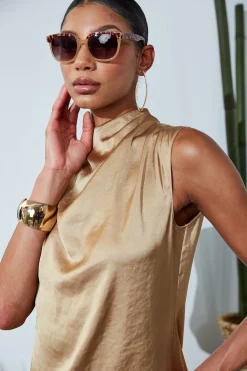 Elie Tahari Satin Draped Neck Top- Tops & Sweaters