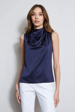 Elie Tahari Satin Draped Neck Top- Tops & Sweaters