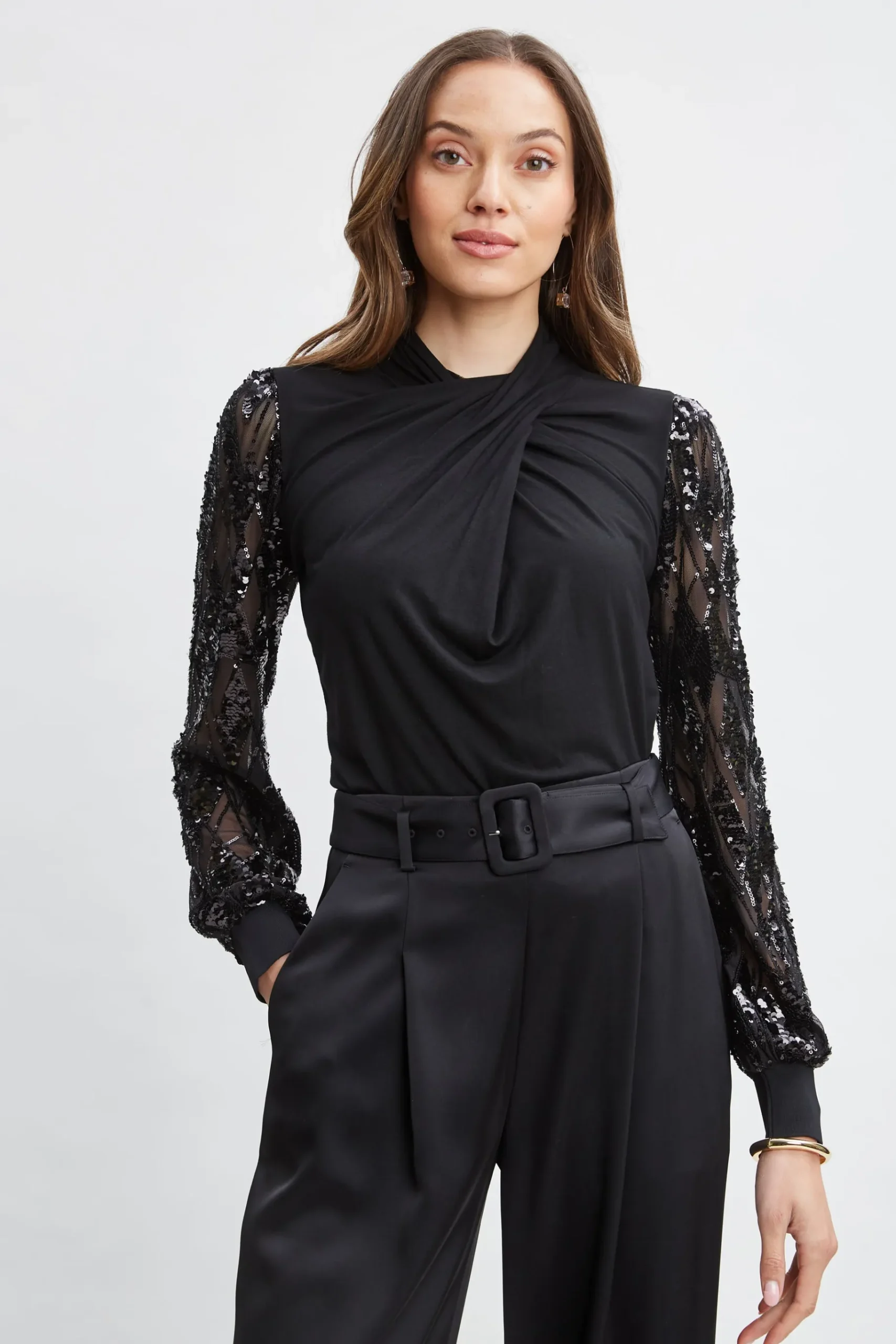Elie Tahari Sequin Sleeve Twist Neck Knit- Tops & Sweaters