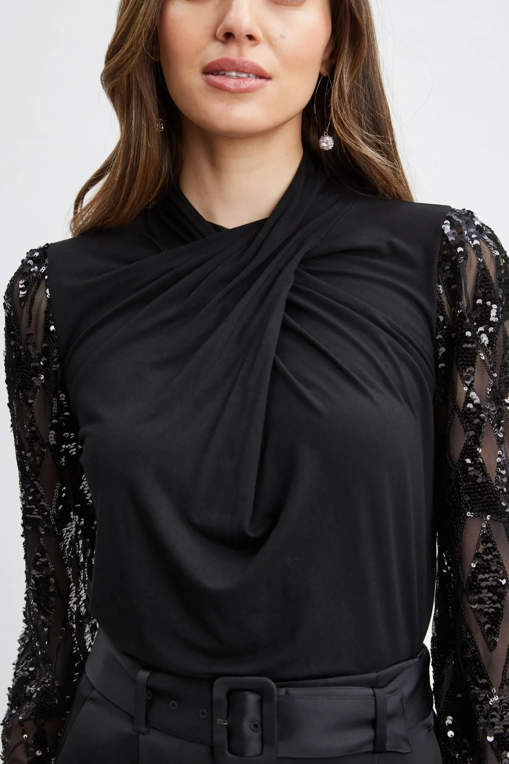 Elie Tahari Sequin Sleeve Twist Neck Knit- Tops & Sweaters