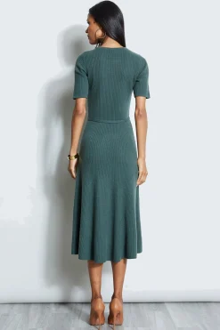 Elie Tahari Short Sleeve Cashmere Belted Dress- Short Sleeve Dresses|Midi Dresses