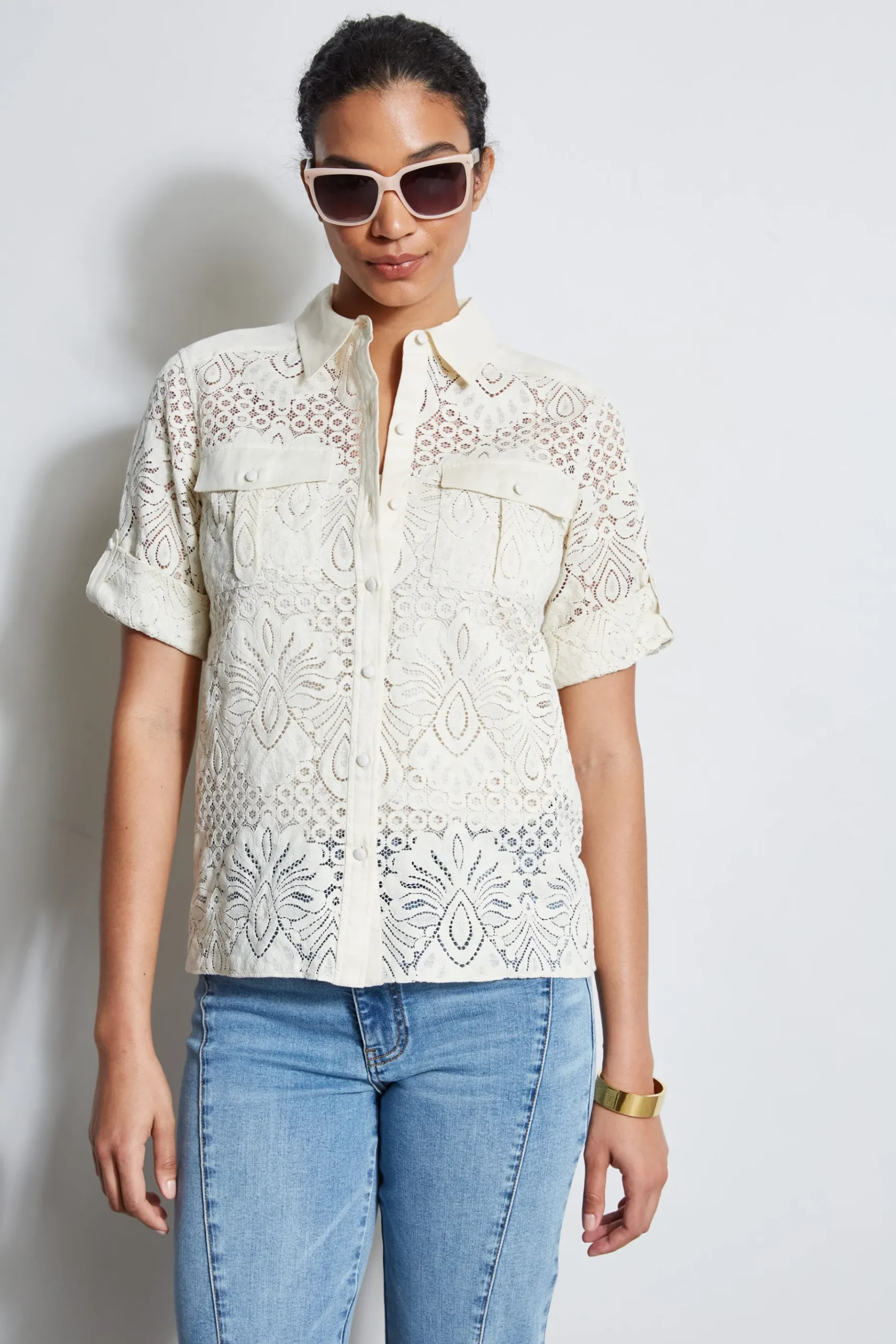 Elie Tahari Short Sleeve Lace Utility Shirt- Tops & Sweaters