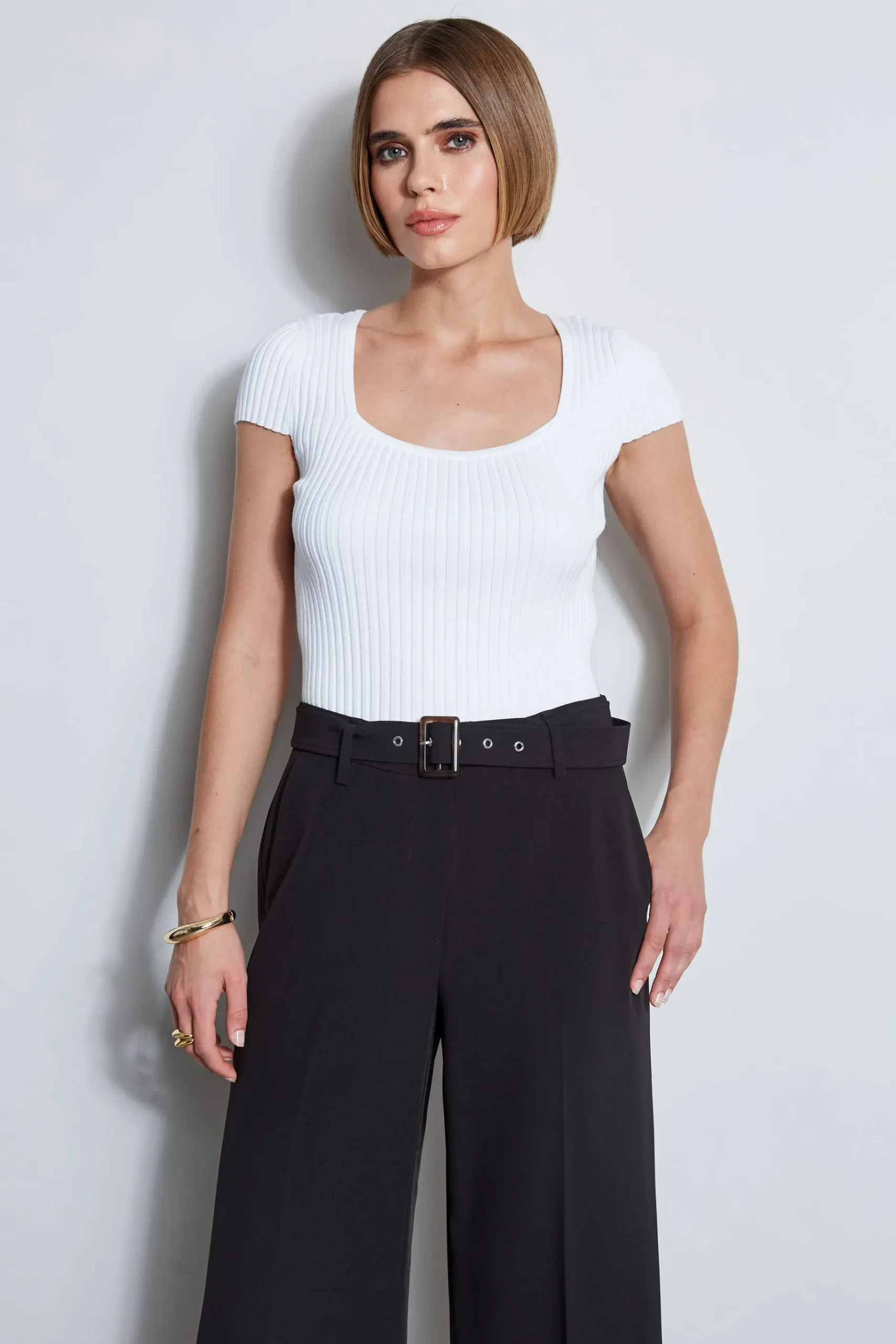 Elie Tahari Short Sleeve Rib Sweater- Tops & Sweaters