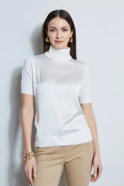 Elie Tahari Short Sleeve Satin Front Sweater- Tops & Sweaters