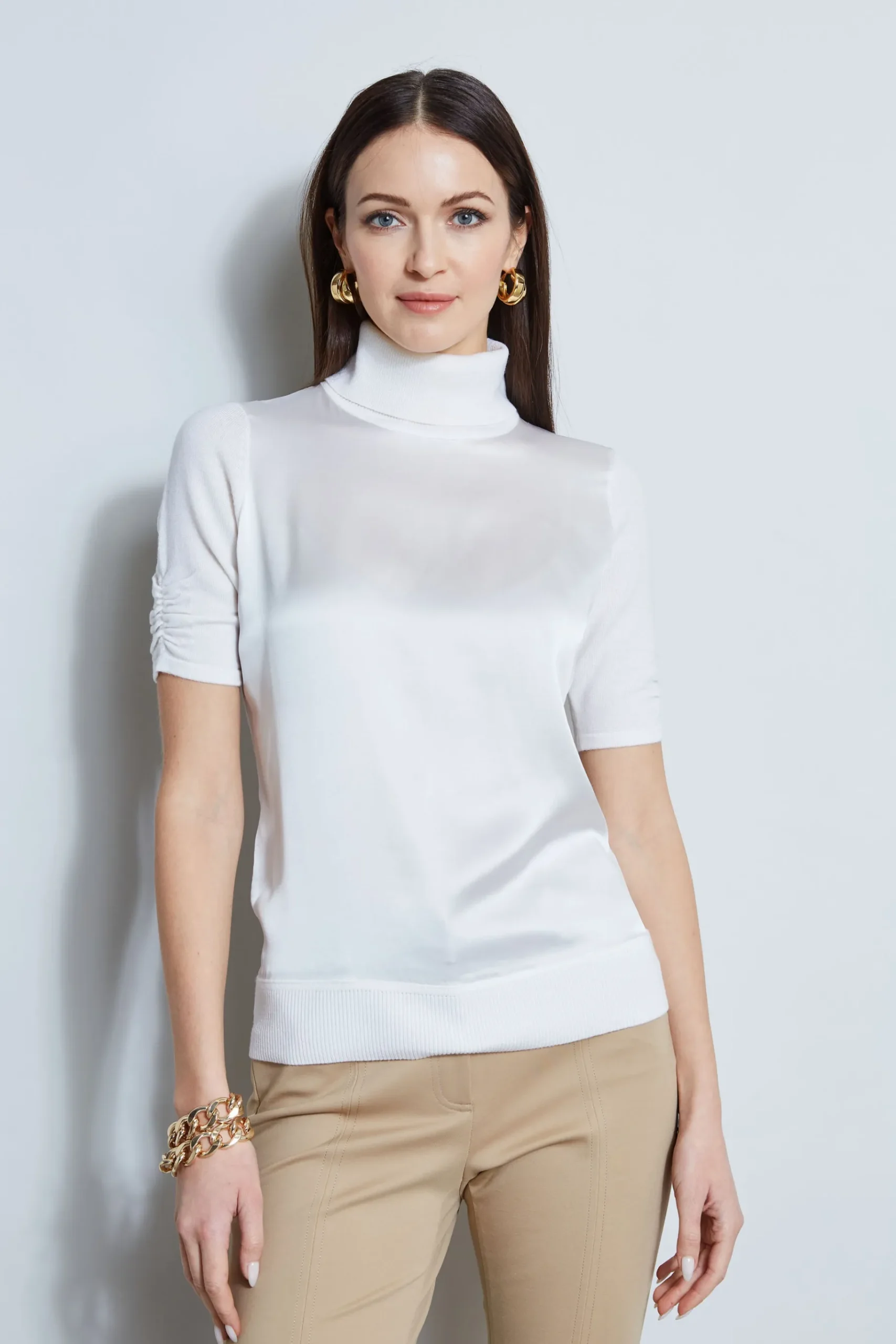 Elie Tahari Short Sleeve Satin Front Sweater- Tops & Sweaters