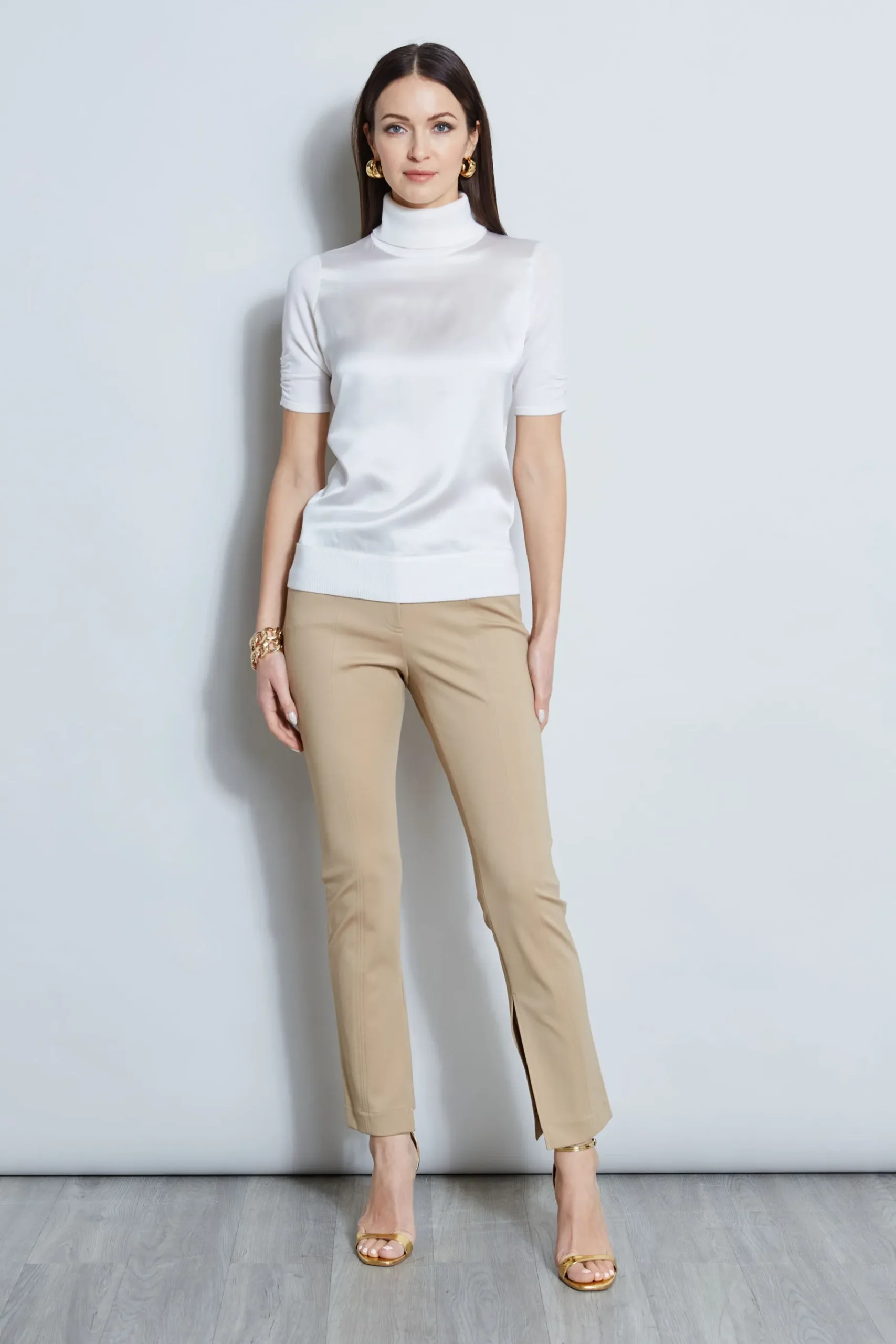 Elie Tahari Short Sleeve Satin Front Sweater- Tops & Sweaters