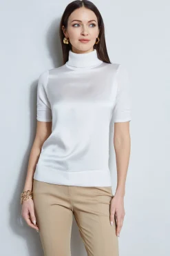 Elie Tahari Short Sleeve Satin Front Sweater- Tops & Sweaters