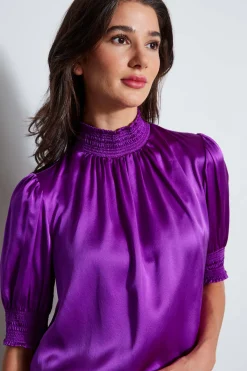Elie Tahari Short Sleeve Silk Satin Smocked Shirt- Tops & Sweaters|Suiting