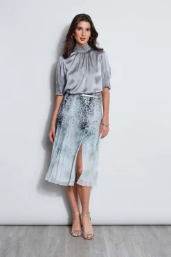 Elie Tahari Short Sleeve Silk Satin Smocked Shirt- Tops & Sweaters