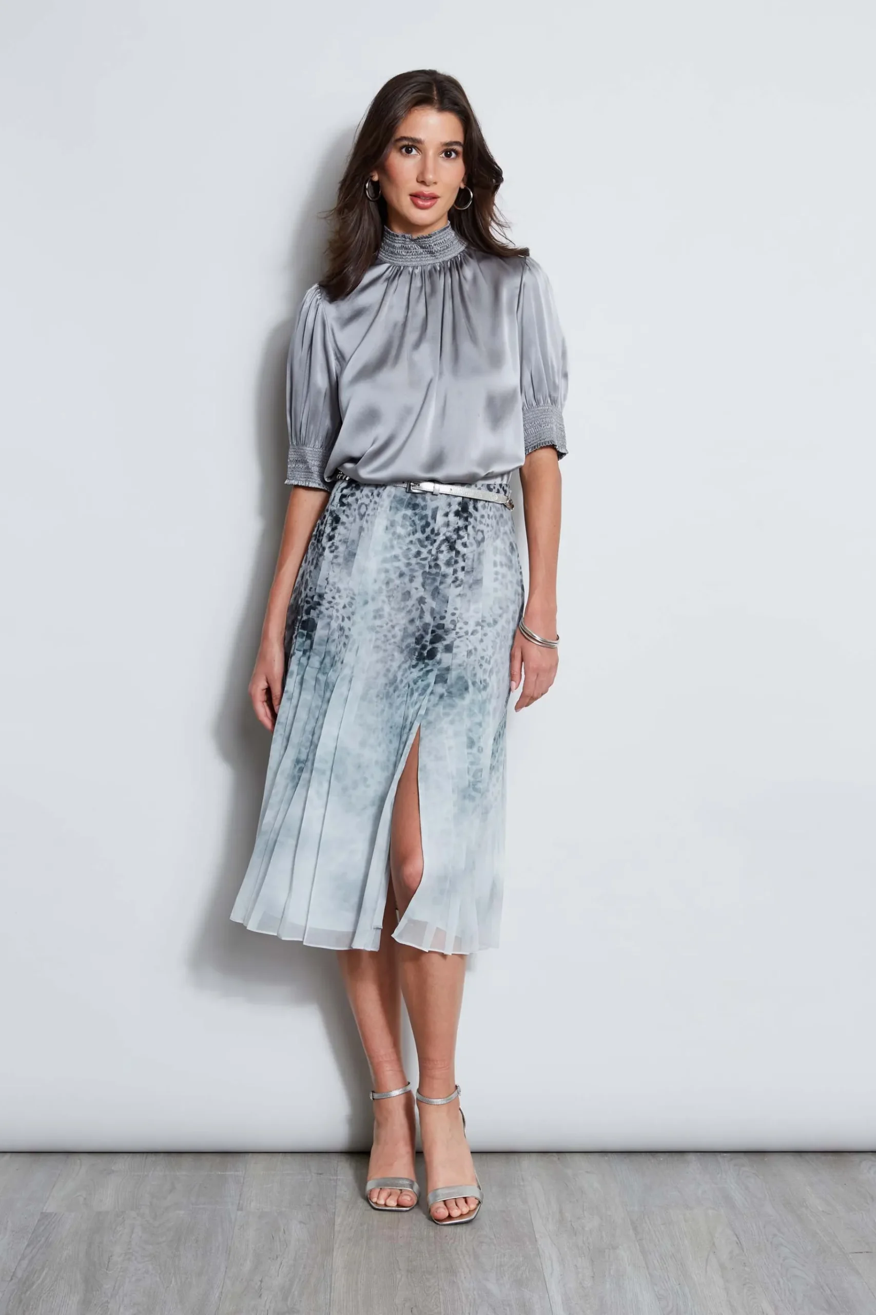 Elie Tahari Short Sleeve Silk Satin Smocked Shirt- Tops & Sweaters