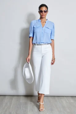 Elie Tahari Short Sleeve Silk Utility Shirt- Tops & Sweaters