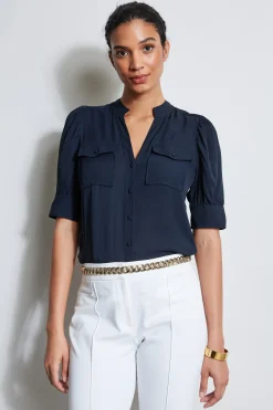 Elie Tahari Short Sleeve Silk Utility Shirt- Tops & Sweaters