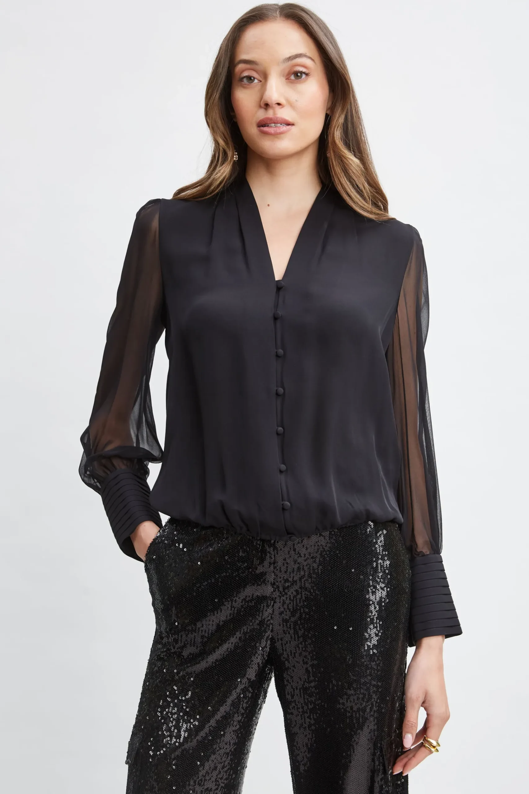 Elie Tahari Silk Blouson Button Shirt- Tops & Sweaters