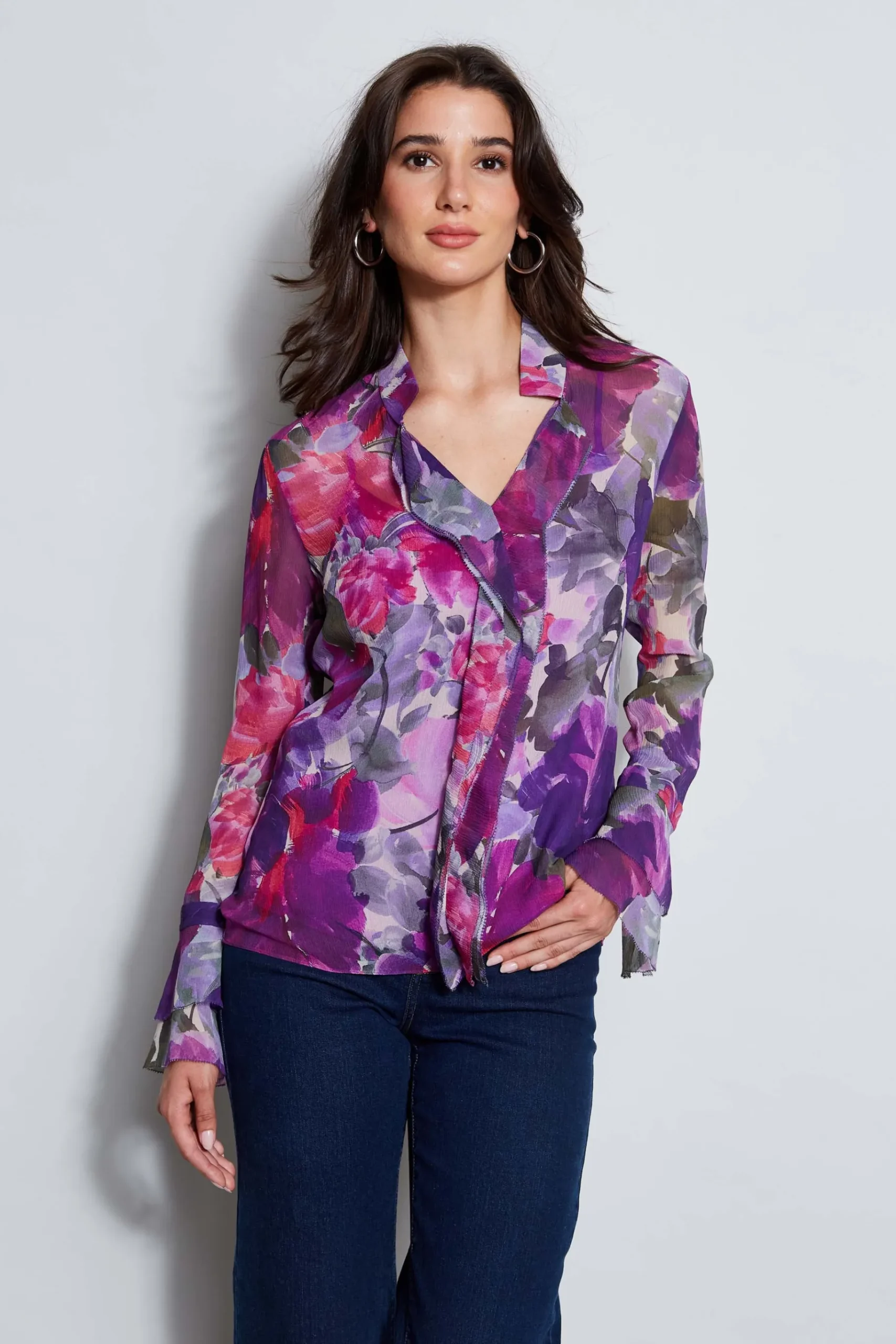 Elie Tahari Silk Chiffon Tossed Floral Ruffle Shirt- Tops & Sweaters