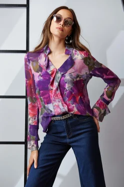 Elie Tahari Silk Chiffon Tossed Floral Ruffle Shirt- Tops & Sweaters
