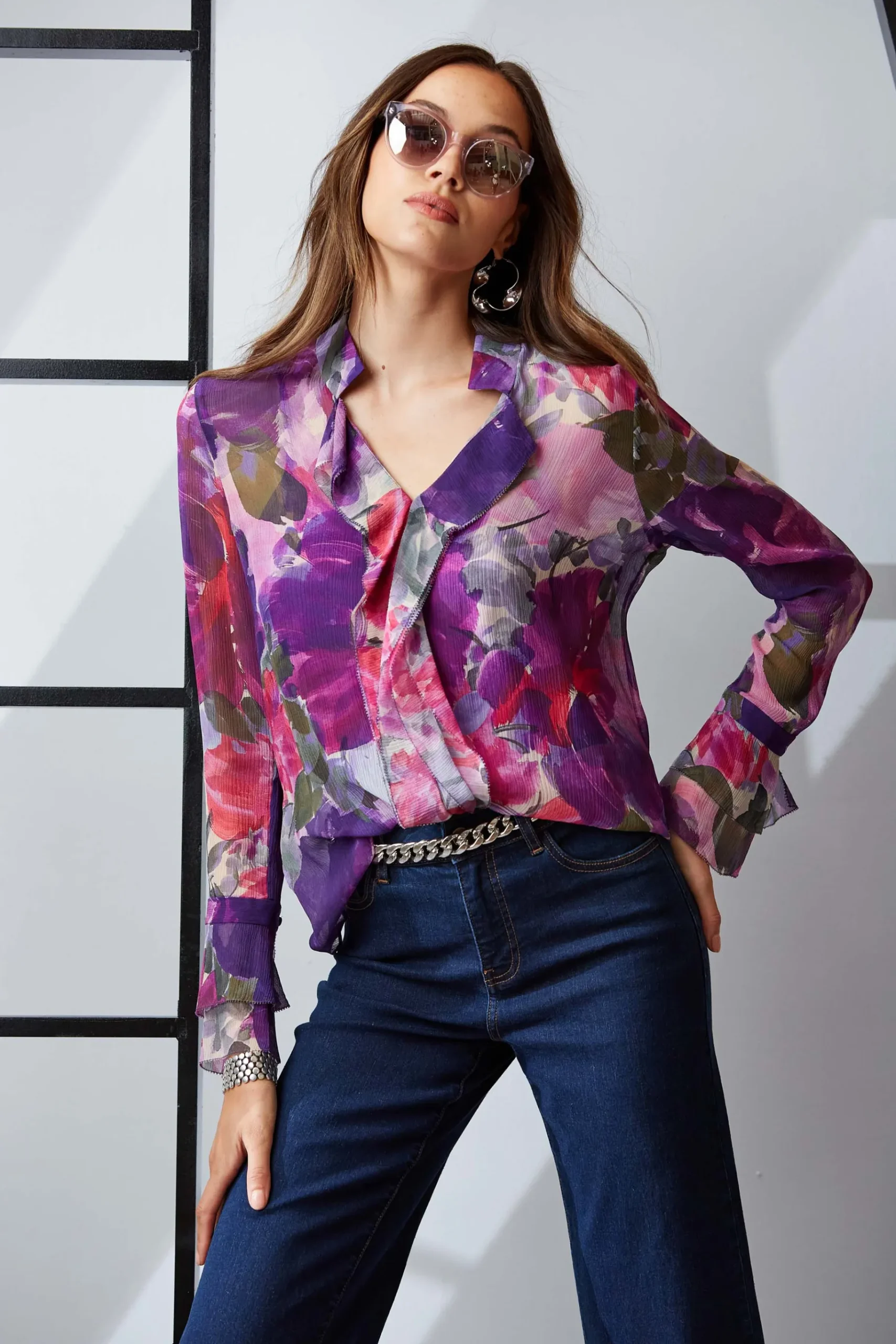 Elie Tahari Silk Chiffon Tossed Floral Ruffle Shirt- Tops & Sweaters