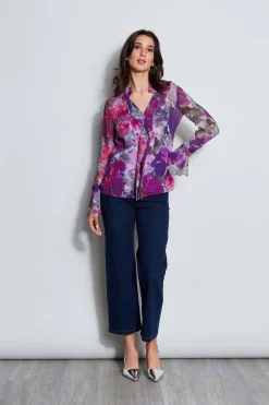Elie Tahari Silk Chiffon Tossed Floral Ruffle Shirt- Tops & Sweaters
