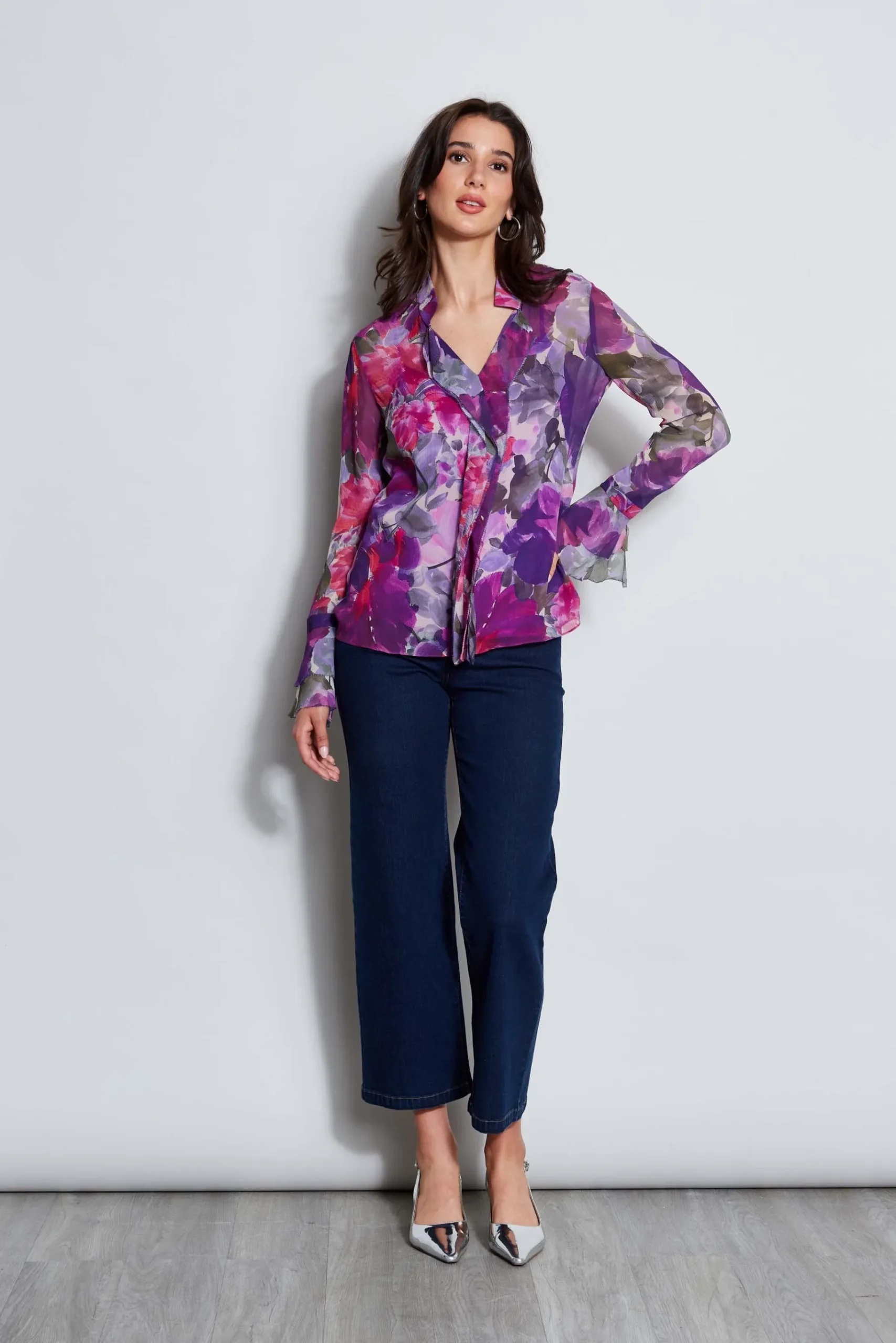 Elie Tahari Silk Chiffon Tossed Floral Ruffle Shirt- Tops & Sweaters
