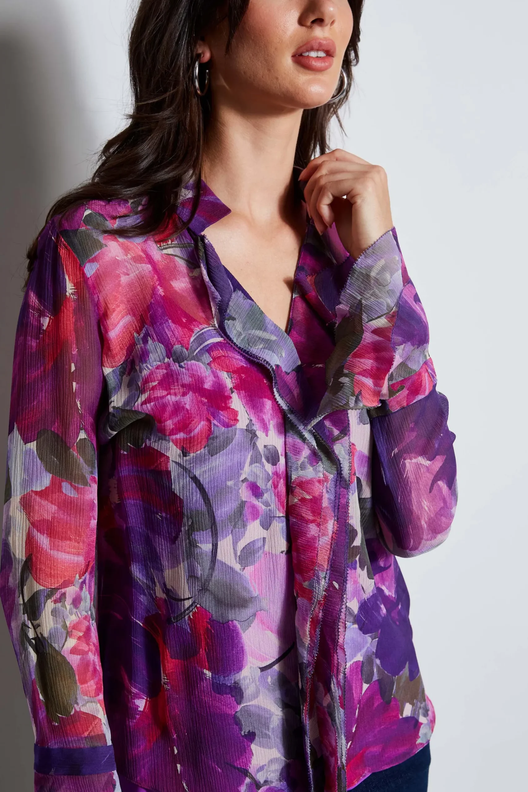 Elie Tahari Silk Chiffon Tossed Floral Ruffle Shirt- Tops & Sweaters