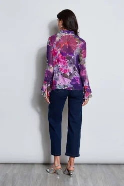 Elie Tahari Silk Chiffon Tossed Floral Ruffle Shirt- Tops & Sweaters