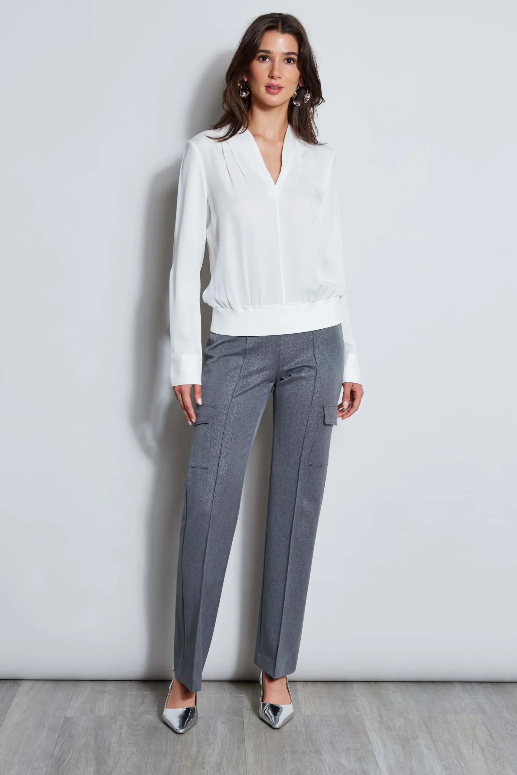 Elie Tahari Silk Contour Neck Rib Trim Shirt- Tops & Sweaters